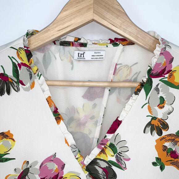 ZARA Floral Balloon Sleeve Blouse Faux Wrap Ruffle Trim Cropped Top - Picture 6 of 12